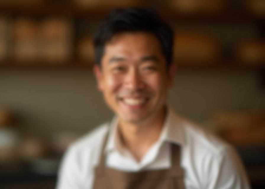 パン職人の田中雄大が、エプロン姿で優しく微笑んでいる肖像写真。